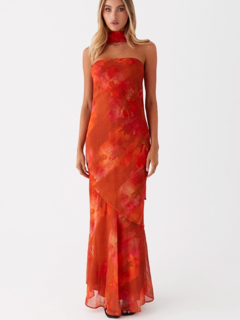Peppermayo Orange & Red Floral Strapless Maxi Dress